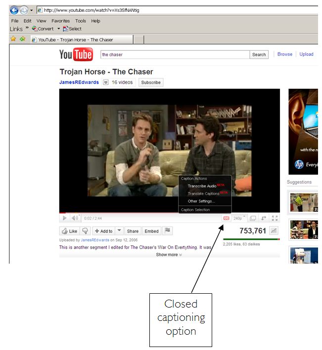 Screen shot of the option to transcribe the audio of an uploaded clip on You Tube